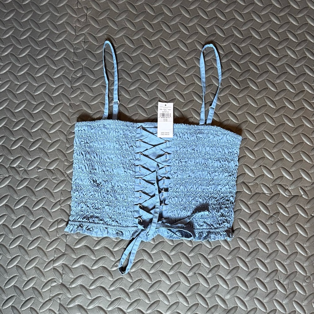 American Eagle Blue Smocked Lace-Up Women's Top